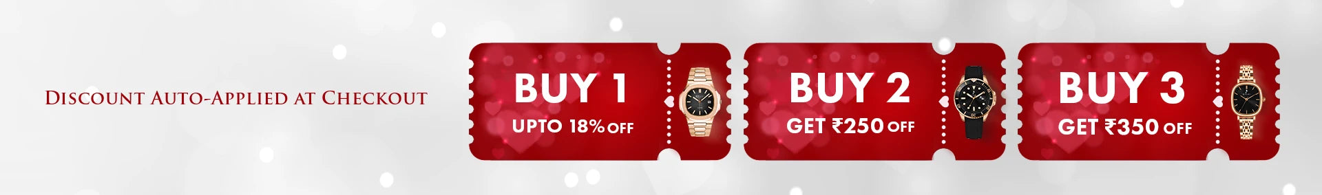 Red discount coupon banners with text and product images on a white background