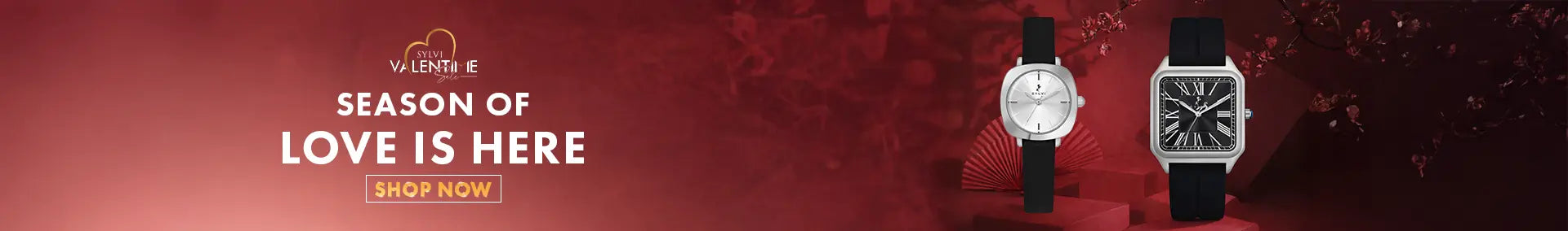 Two watches on a red background with promotional text for a 'Season of Love' sale.