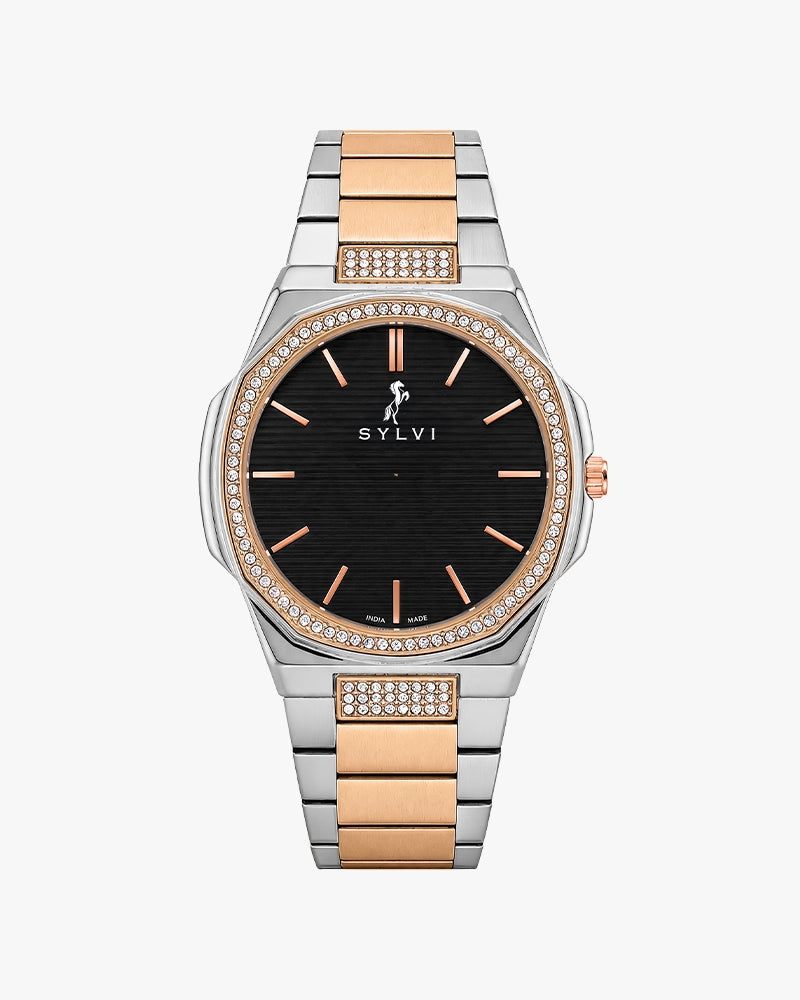 Sylvi Blade Crystal Black Gold Silver Steel watch for men India
