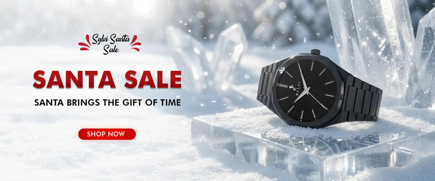Black watch on a snowy background with 'Santa Sale' text and promotional buttons.