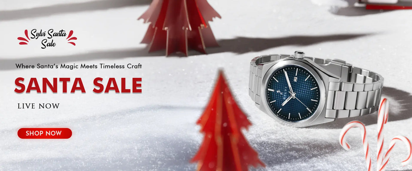 Silver watch with blue face on a snowy background with red Christmas trees, featuring 'Santa Sale' text.