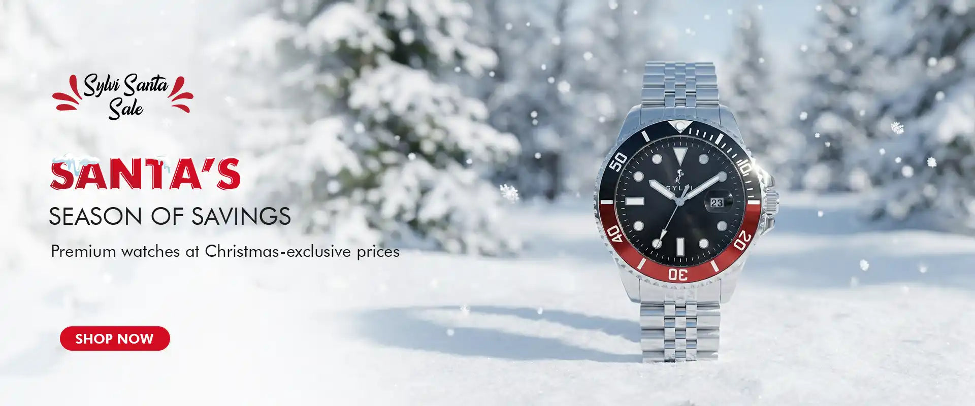 Wristwatch with red and black face in snow, promotional text for Santa's Season of Savings.