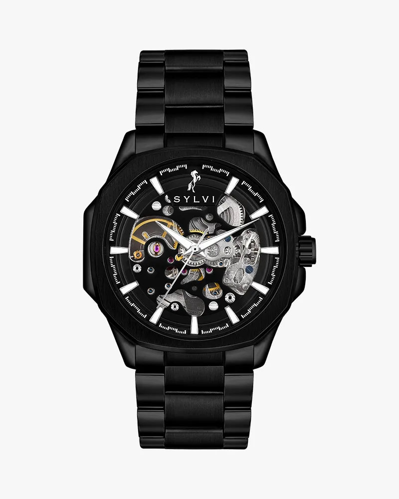 Core X black steel skeleton watch for men