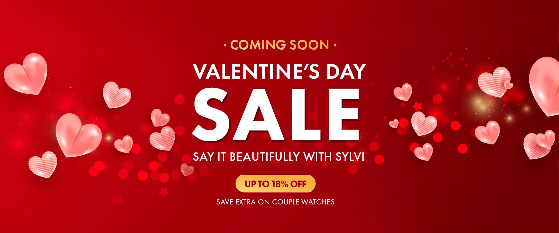 Valentine's Day sale banner with hearts and promotional text on a red background