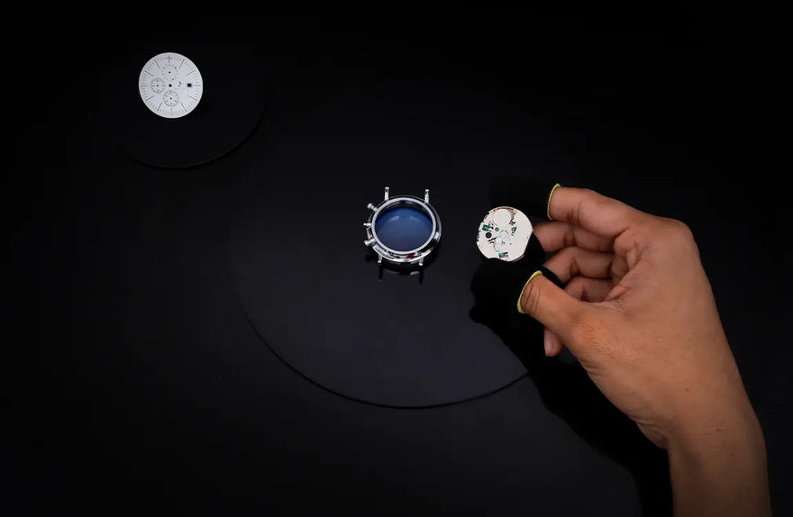 Gazedoom SilverBrew leather watch movement setup during manufacturing stage