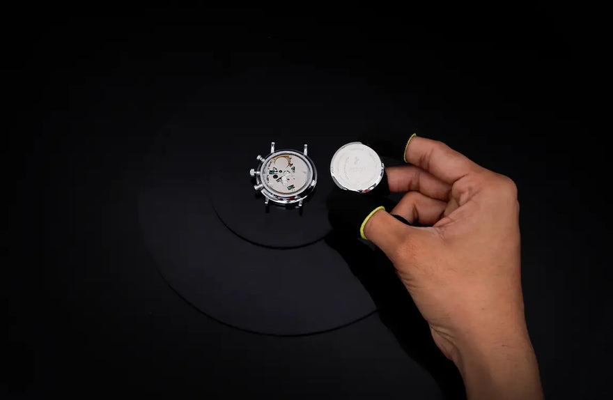 Gazedoom SilverBrew leather watch caseback assembly process with detailed craftsmanship