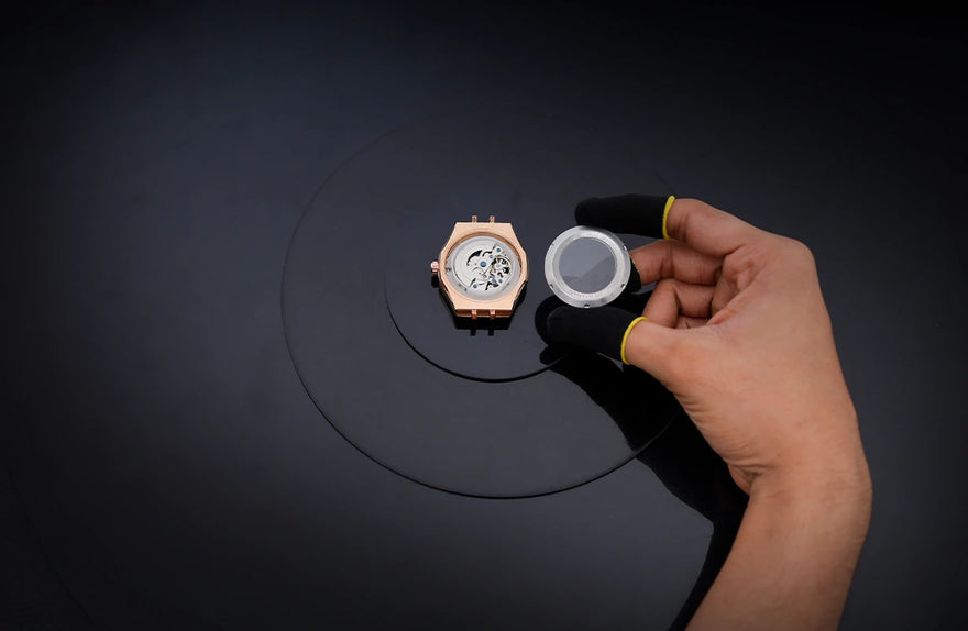 Sylvi Gravitas Black Rosegold Steel caseback manufacturing image