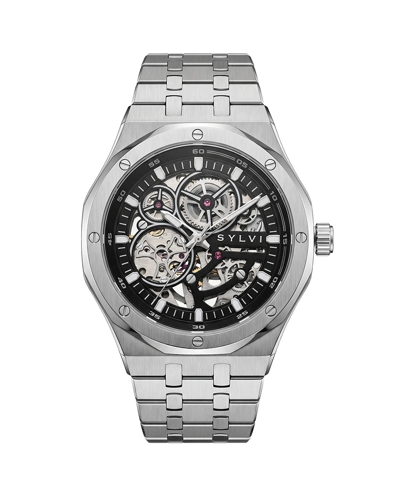 Sylvi Gravitas black silver steel automatic watch premium design
