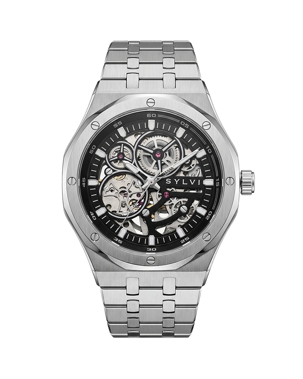 Sylvi Gravitas black silver steel automatic watch premium design