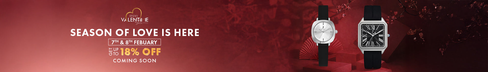 Two watches on a red background with promotional text for a sale event.