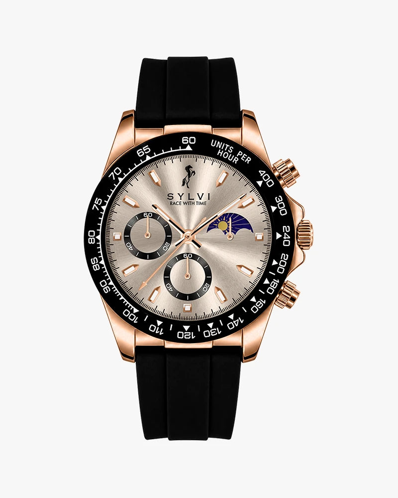 Sylvi LunarDrive Champagne Gold premium chronograph watch display image