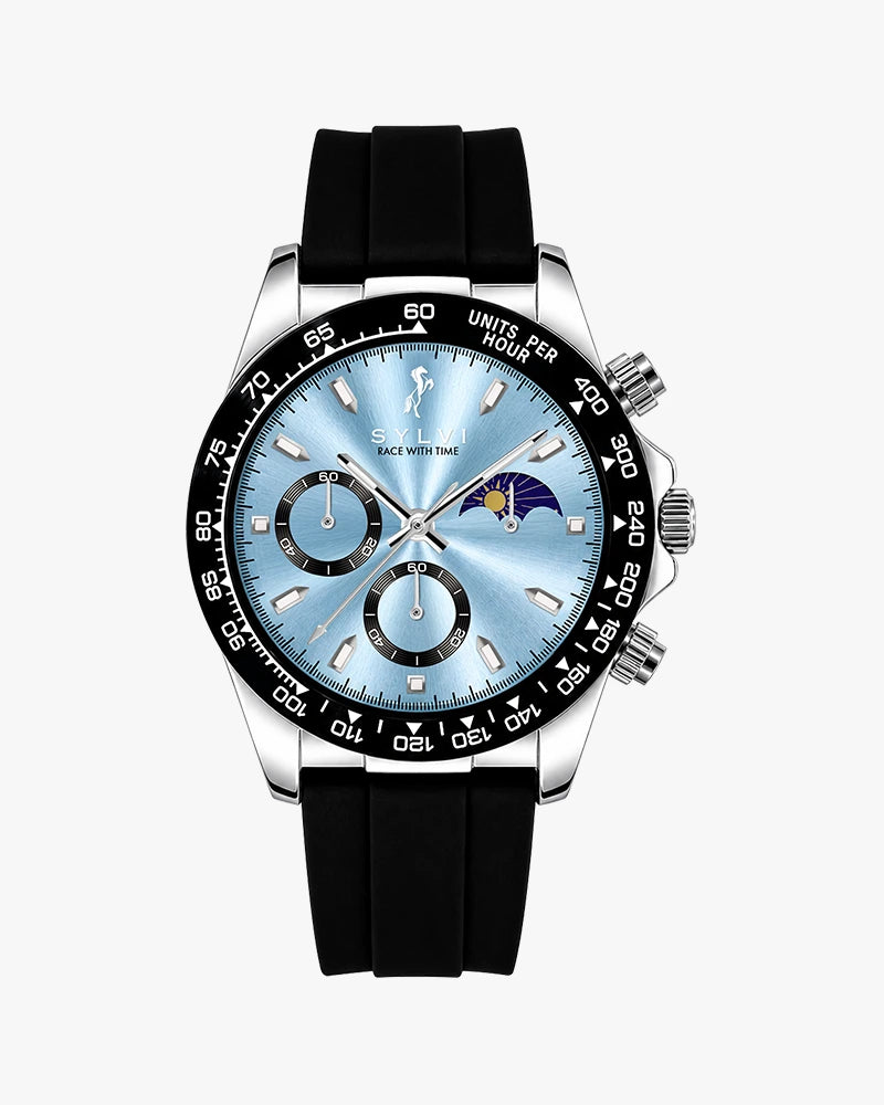 Sylvi LunarDrive Ice Blue Silver luxury chronograph watch display image