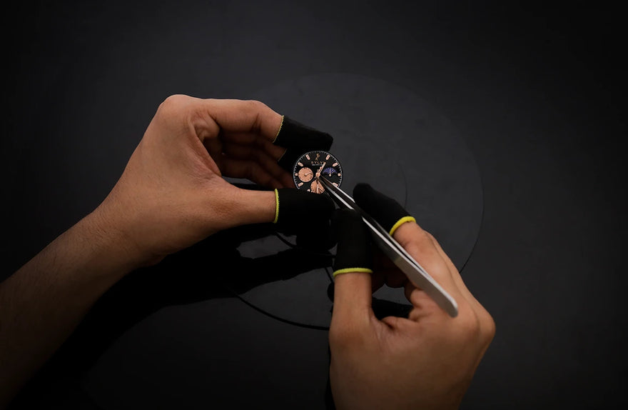 Detailed watch hands styling of LunarDrive Metallic Black chronograph