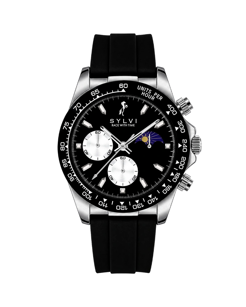 Sylvi LunarDrive metallic black silver chronograph wrist watch for men