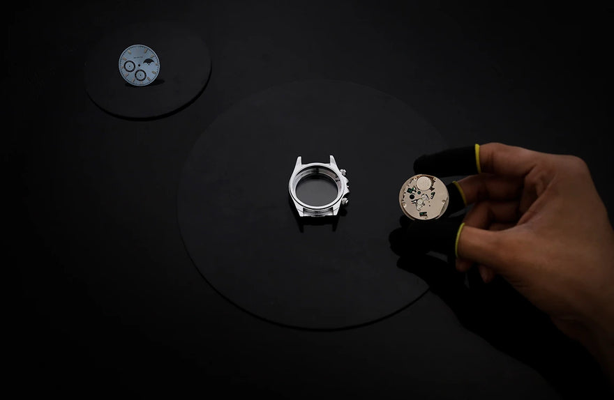 Premium movement detailing of LunarDrive Metallic Ice Blue chronograph watch