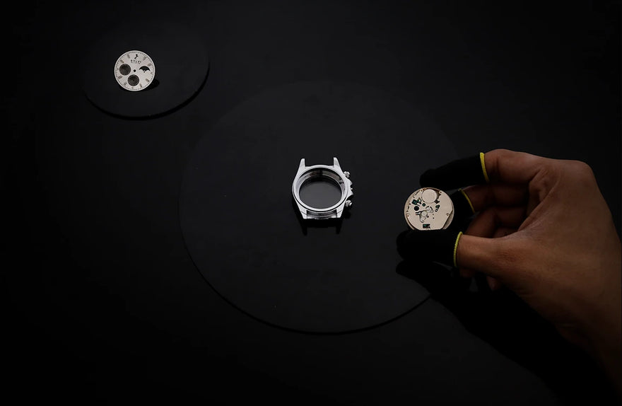 Precision movement detailing of LunarDrive Metallic White luxury watch