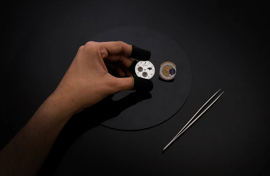 LunarDrive Metallic White dial close-up with modern chronograph detailing