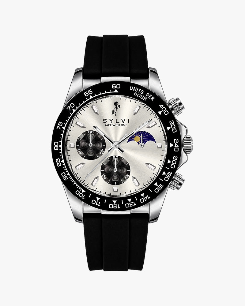 Sylvi LunarDrive White Black premium chronograph watch display image