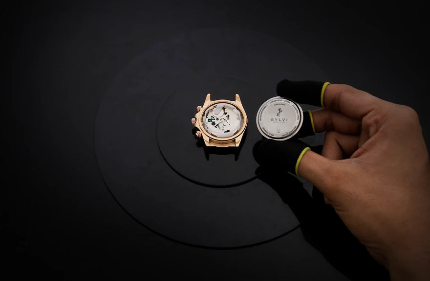 LunarDrive Champagne Gold caseback close-up with premium stainless steel finish