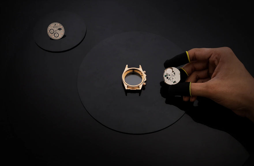 Precision movement detailing of LunarDrive Champagne Gold chronograph watch