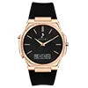 Wristwatch with black face and rose gold case on a white background