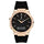 Wristwatch with black face and rose gold case on a white background