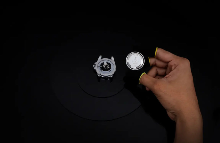 Ocean X black silver watch caseback assembly with durable structure