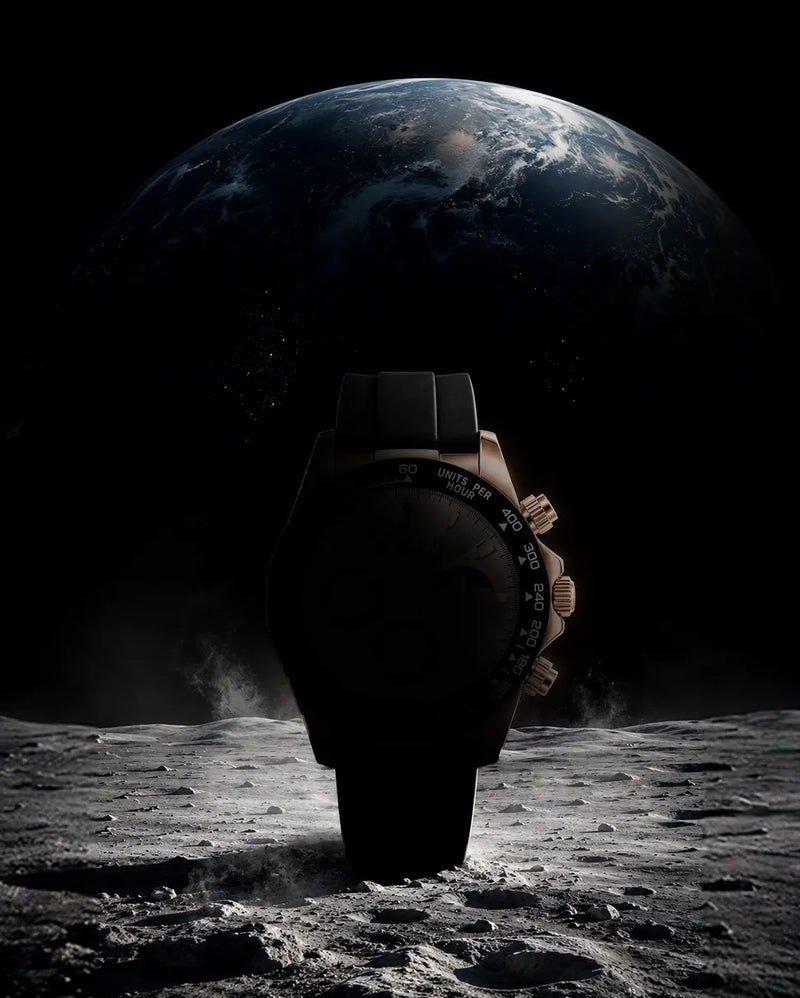 LunarDrive luxury watch prebook main campaign image with moon-inspired theme