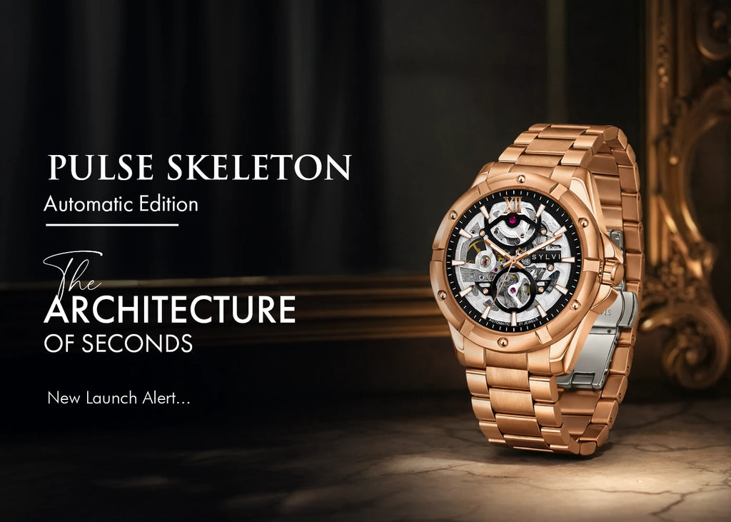 Sylvi Watch Pulse Skeleton Silver Front, elegant mechanical dial close-up