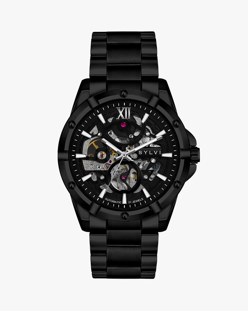 Pulse Skeleton All Black Steel automatic watch with open skeleton dial.