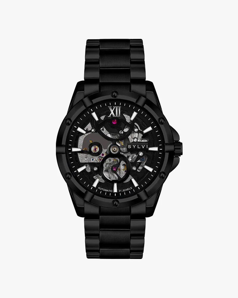 Pulse Skeleton All Black Steel automatic watch with open skeleton dial.
