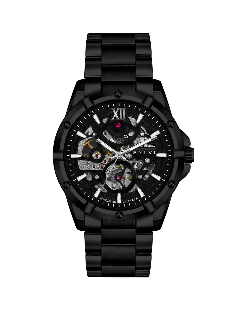 Sylvi Watch Pulse Skeleton Black Front, bold skeleton dial, premium automatic watch