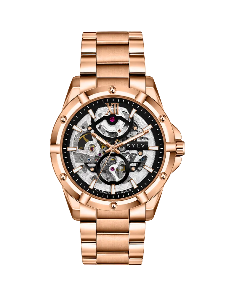 Sylvi Watch Pulse Skeleton Rosegold Front, elegant skeleton dial, luxury timepiece