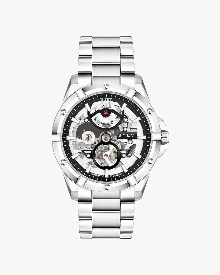 Pulse Skeleton Silver Steel men’s automatic skeleton dial watch.
