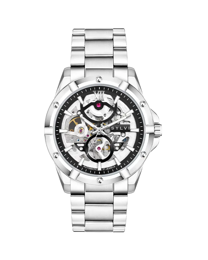 Sylvi Watch Pulse Skeleton Silver Front, premium skeleton dial, mechanical watch