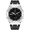 Wristwatch with black strap and face on a white background