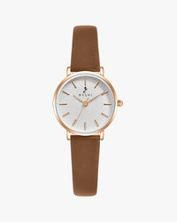 Watch with brown leather strap and rose gold case