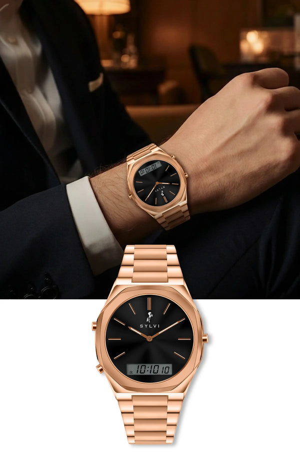 TimeShift Black Rose Gold Steel