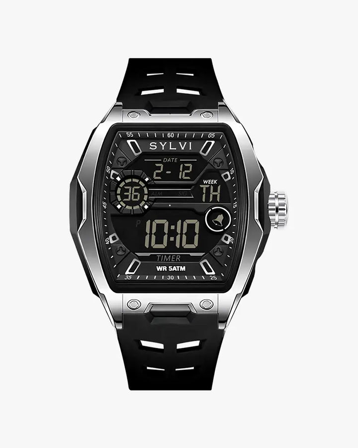 Vanguard Black Silver Silicone Strap Sport Watch for Men

