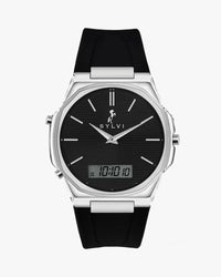 Black watch with silver case and digital display