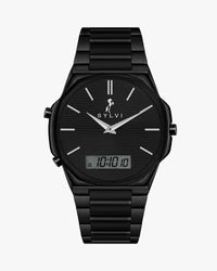 Black watch with digital display on a white background