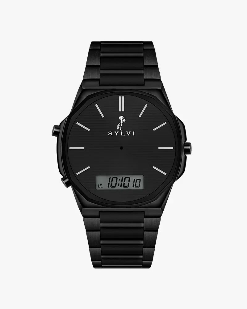 Sylvi Blade DualTime black dial men's analog digital watch with stainless steel strap – front view
