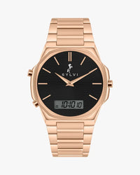 Rose gold watch with black dial on a white background