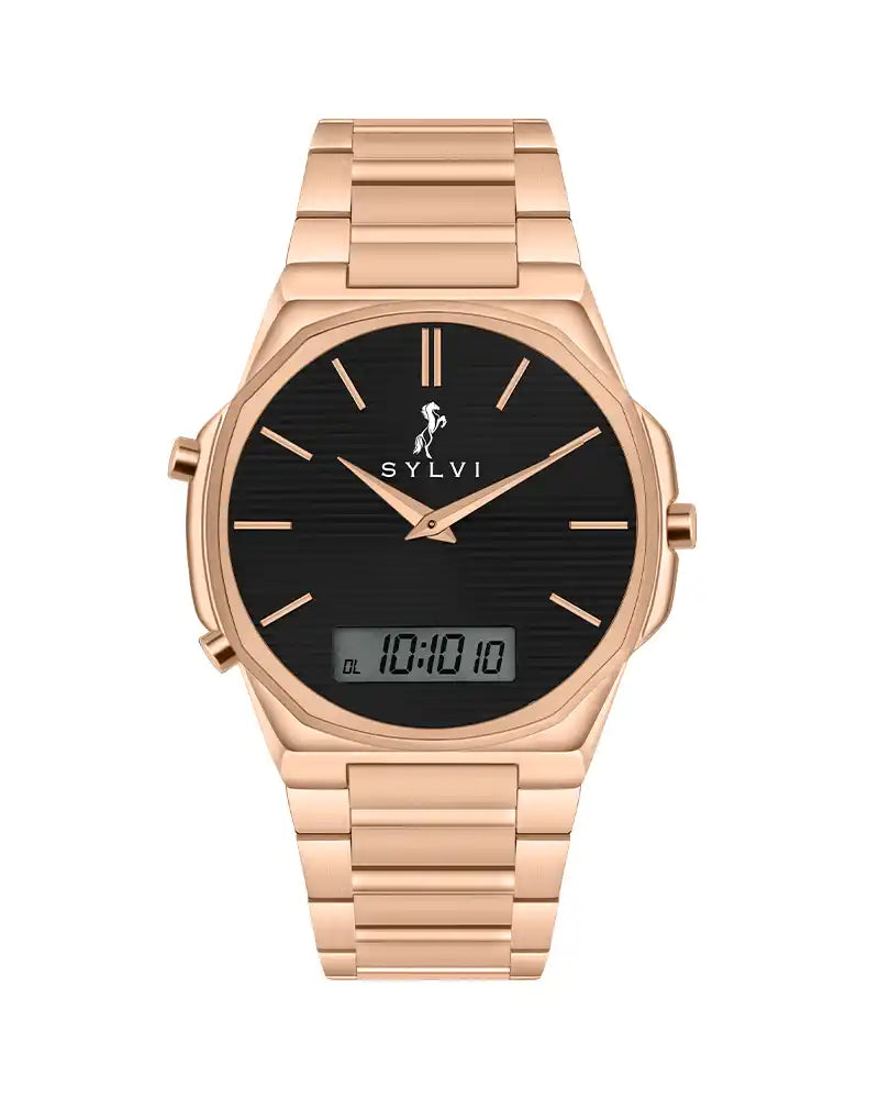Rose gold watch with black dial