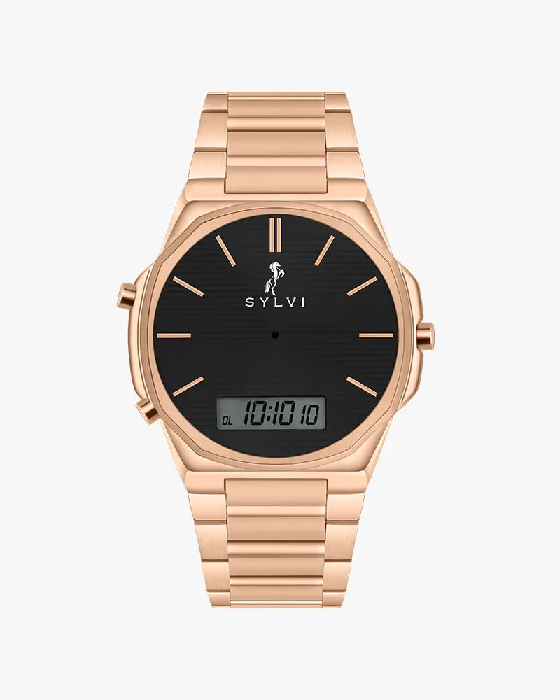 Sylvi Blade DualTime black dial men's analog digital watch with stainless steel strap – front view 2
