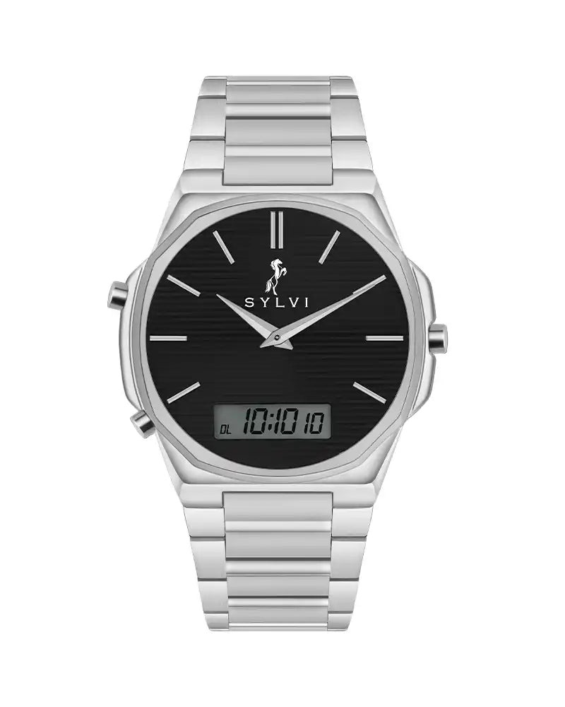 Black watch with digital display on a white background