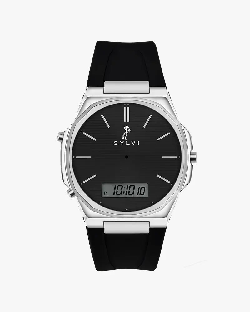 Sylvi Blade DualTime black dial men's analog digital watch with silicone strap – front view
