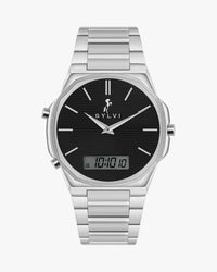 Silver watch with black dial on a white background