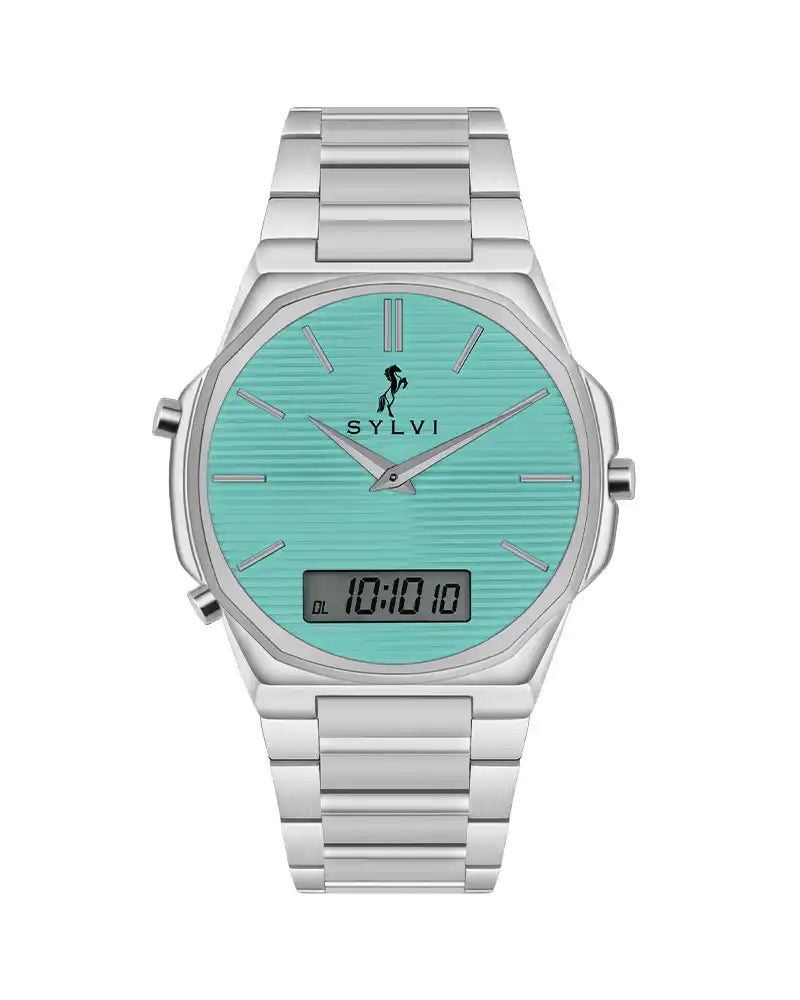 Silver watch with a turquoise face on a white background