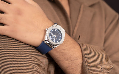 Sylvi Imperial Blue Silver wristwatch Wearing a Model